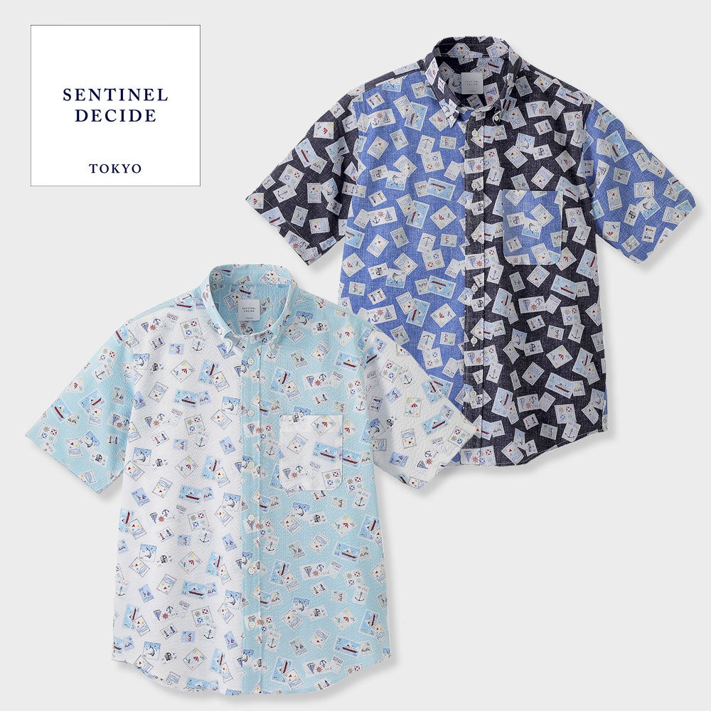 日本製 メンズ/SENTINEL DECIDE 切手柄リップル半袖シャツ | 大人
